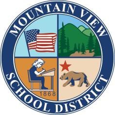 Circular Mountain View School District logo featuring four quadrants: an American flag, green mountains and trees, a student reading at a desk with the year undefined1868,undefined and a California bear with a red star, all bordered by the district name.