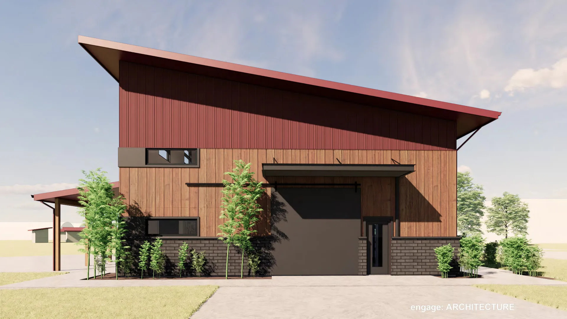 A modern building with a red roof and wood siding, featuring a large garage door and a small door.