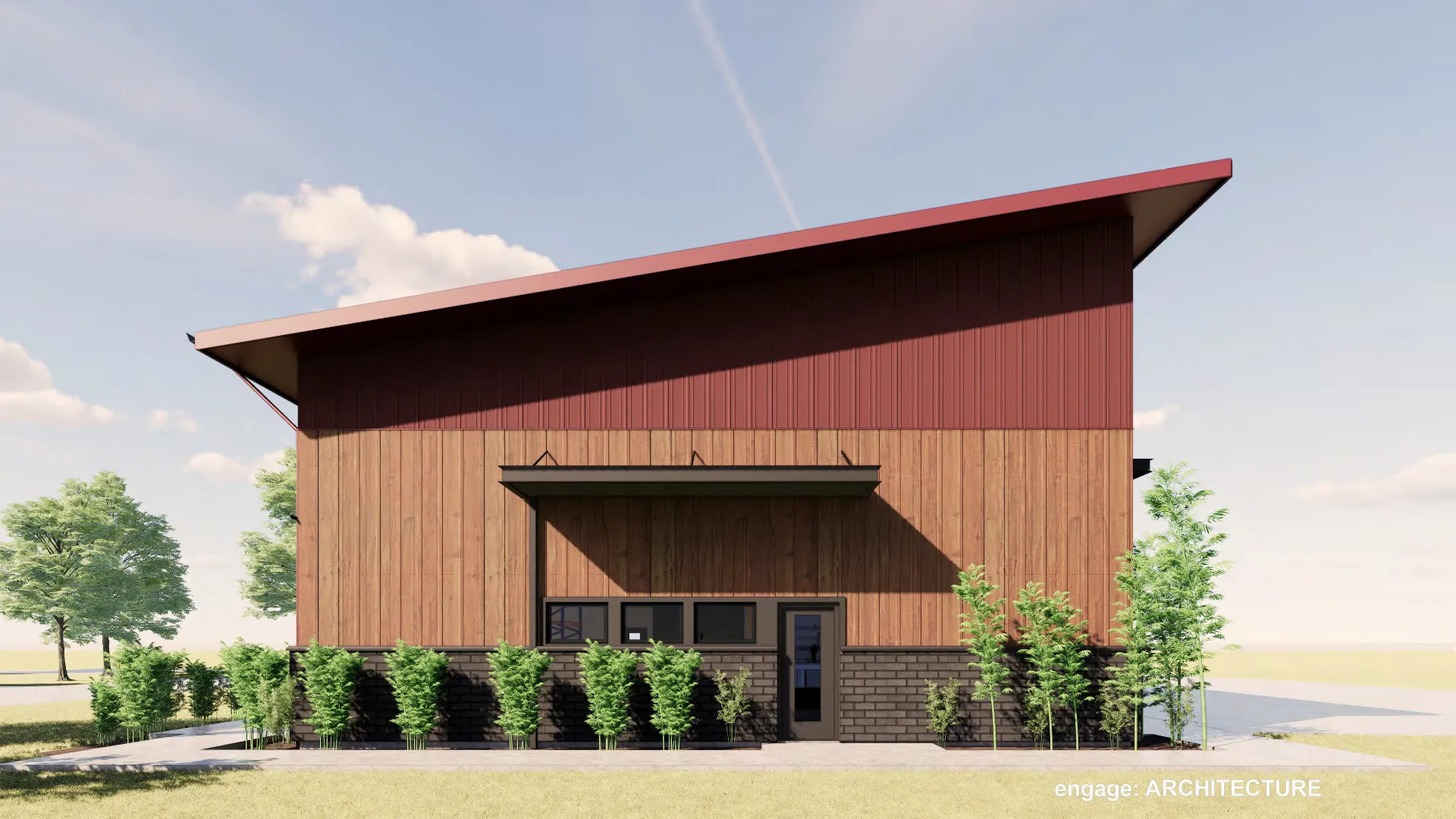 A modern building with a red roof and wood siding, surrounded by greenery.