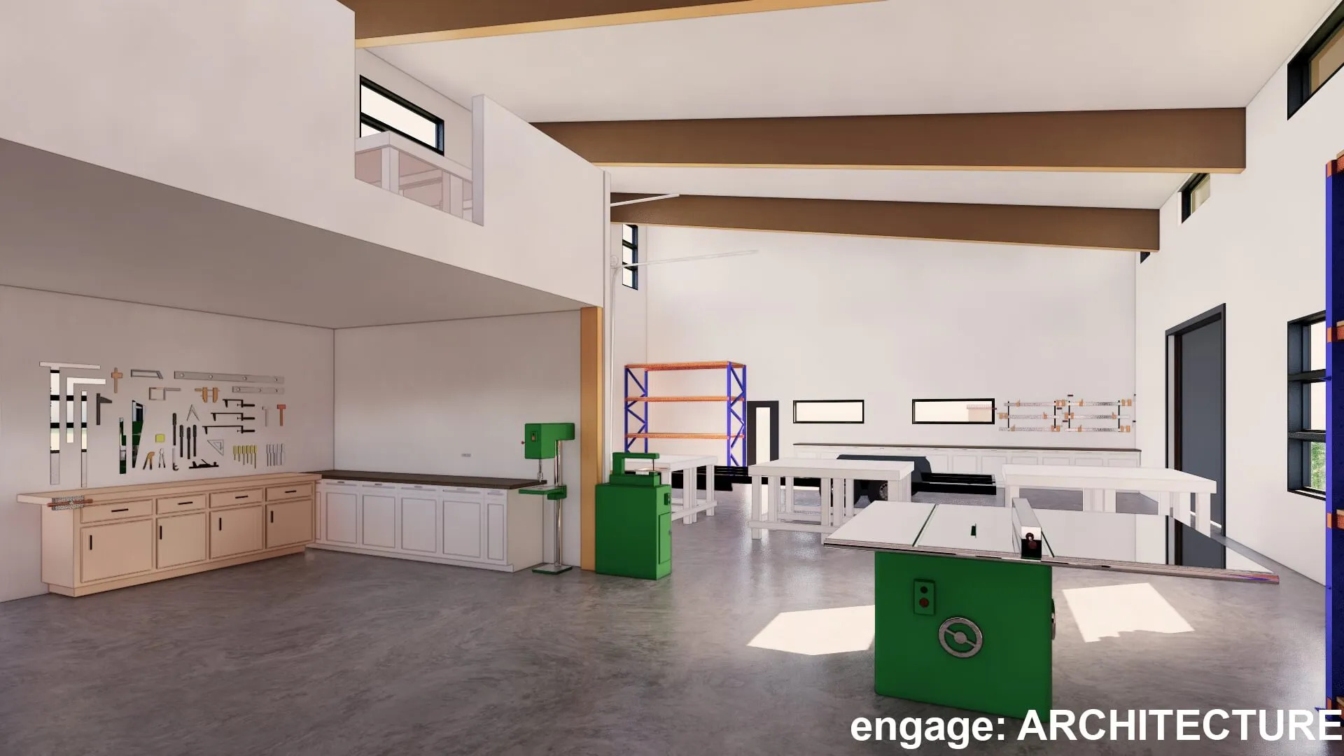 A spacious workshop with a loft, featuring a workbench, tools, and a large table saw.