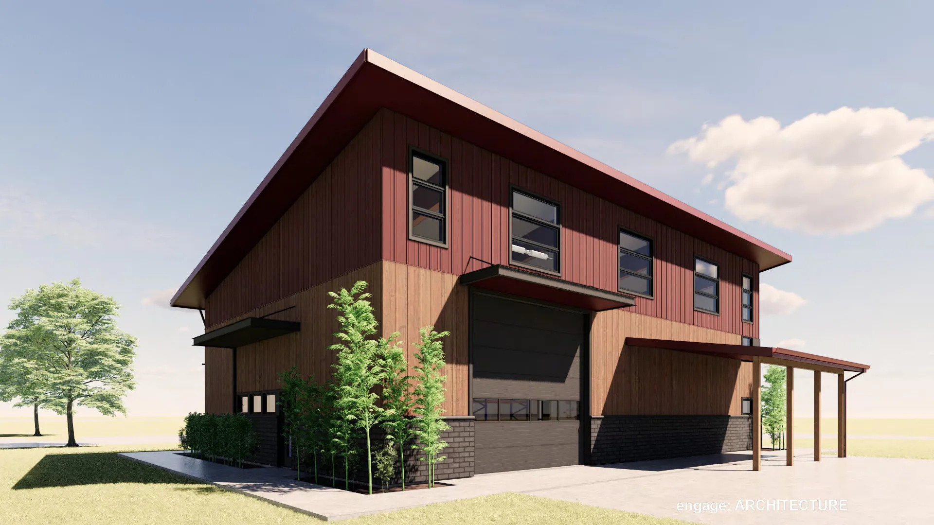 A modern, two-story building with a large garage door and a covered porch.