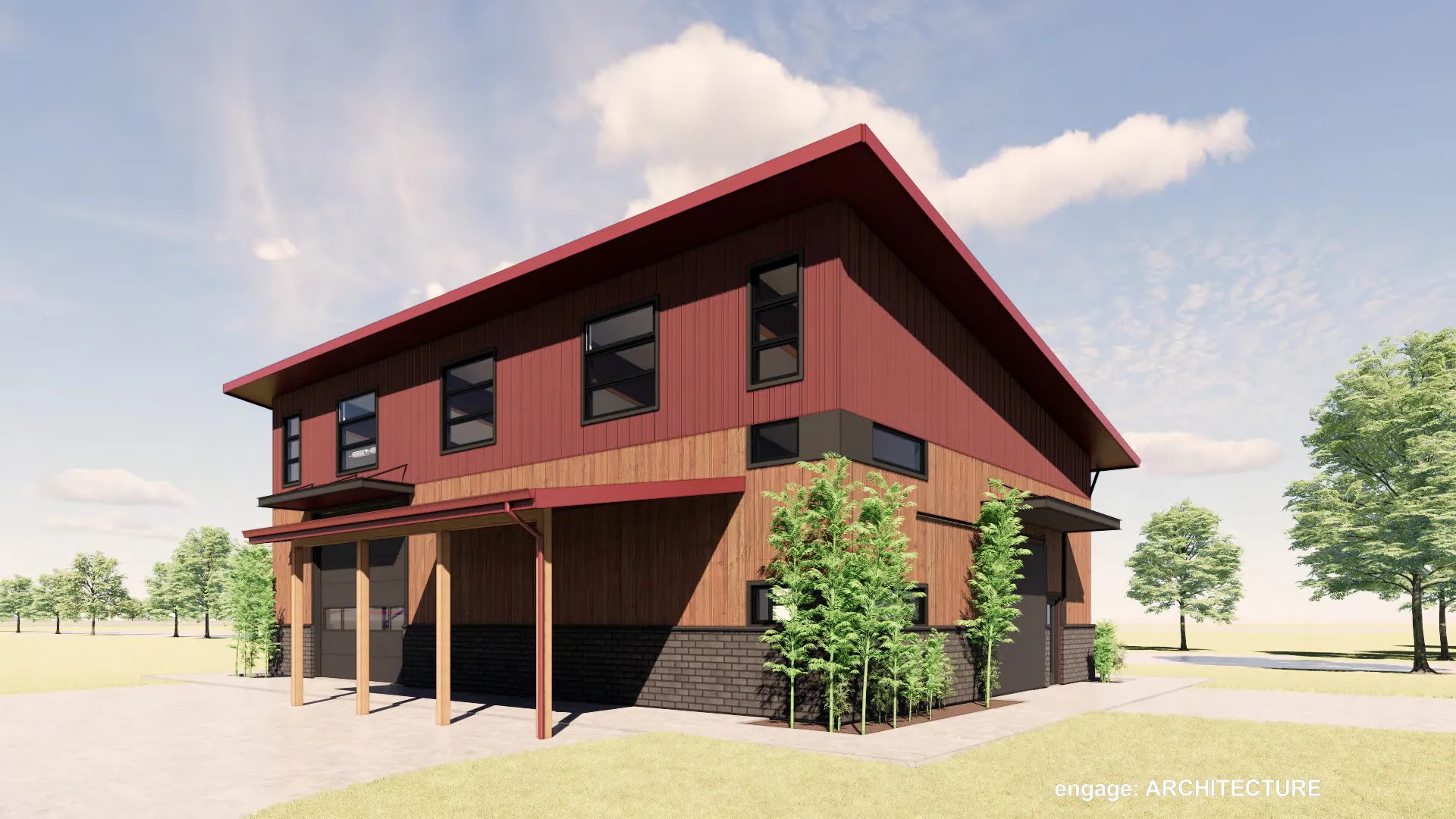 A modern, two-story building with a red roof and wood siding.