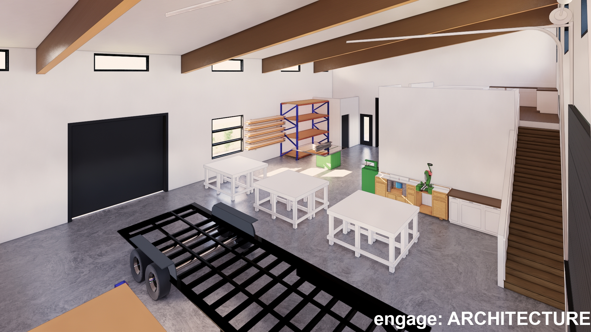 A spacious workshop with a large garage door, workbenches, and a staircase leading to an upper level.