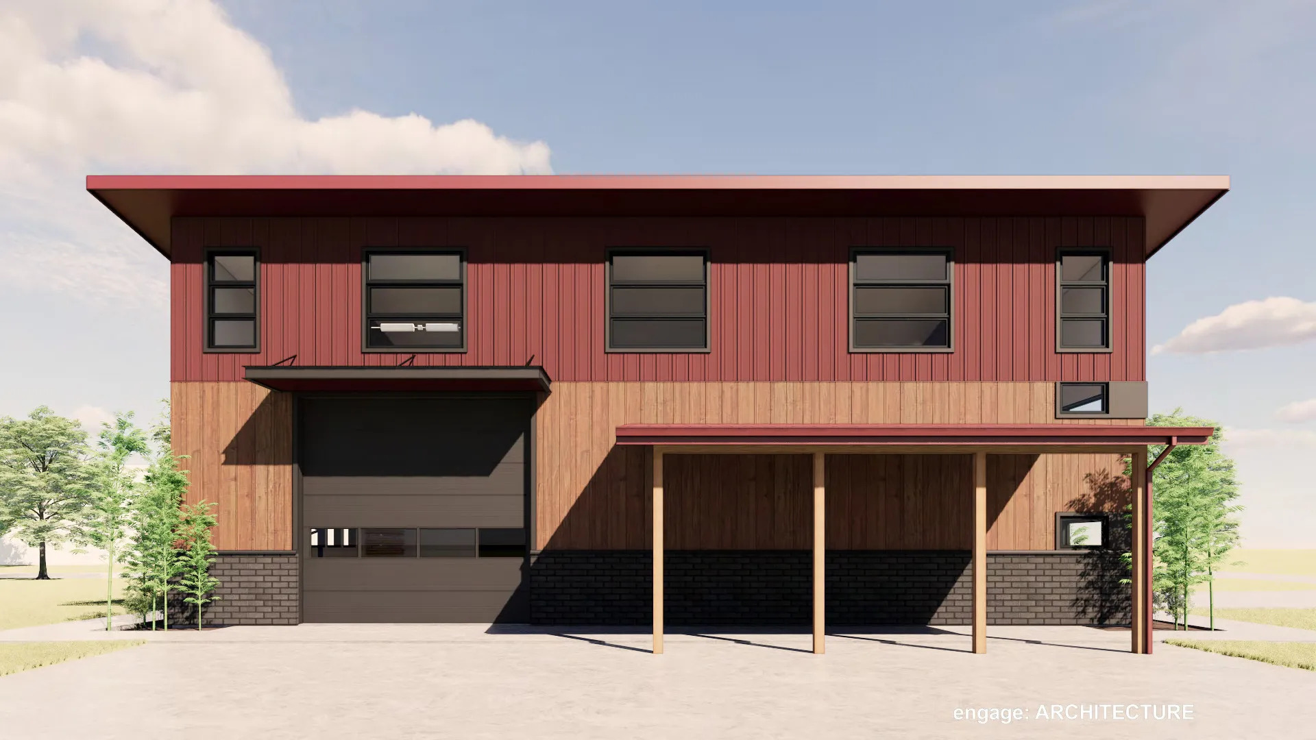 A modern building with a red roof, large windows, and a garage door.