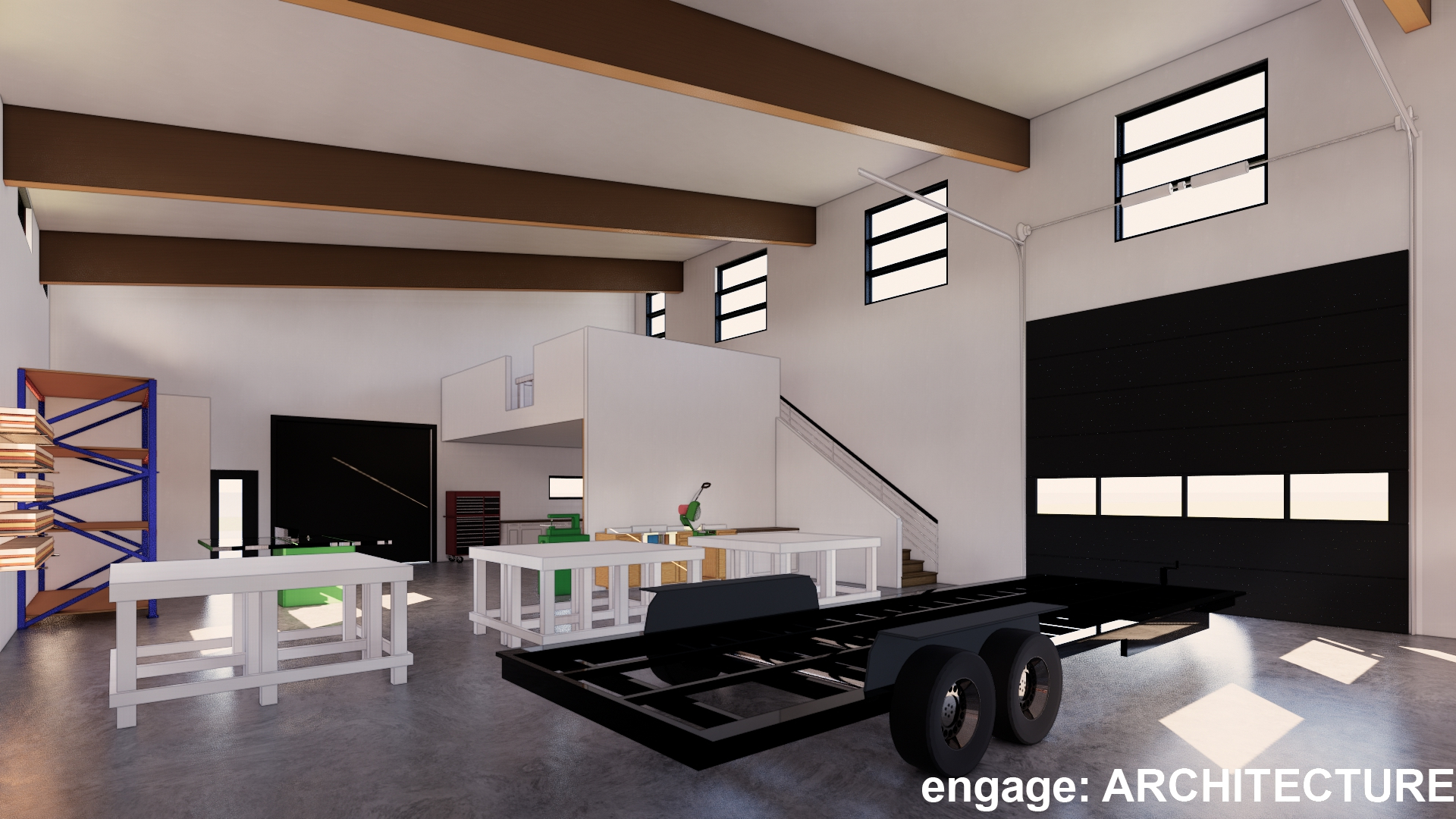 A spacious workshop with large windows, a loft area, and a trailer frame on the floor.