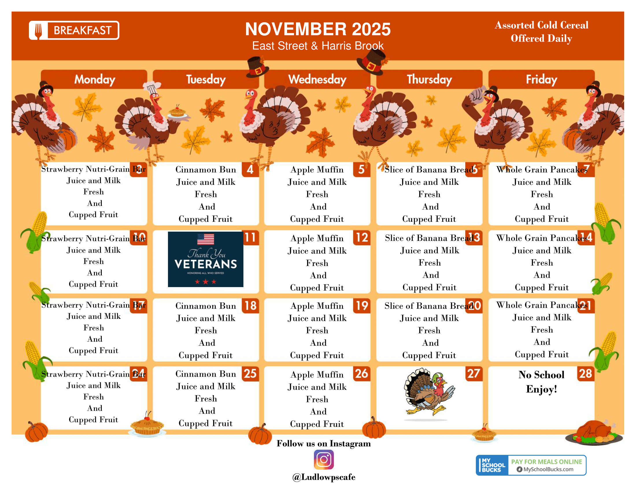 A colorful November 2025 calendar with turkey illustrations and daily meal plans.