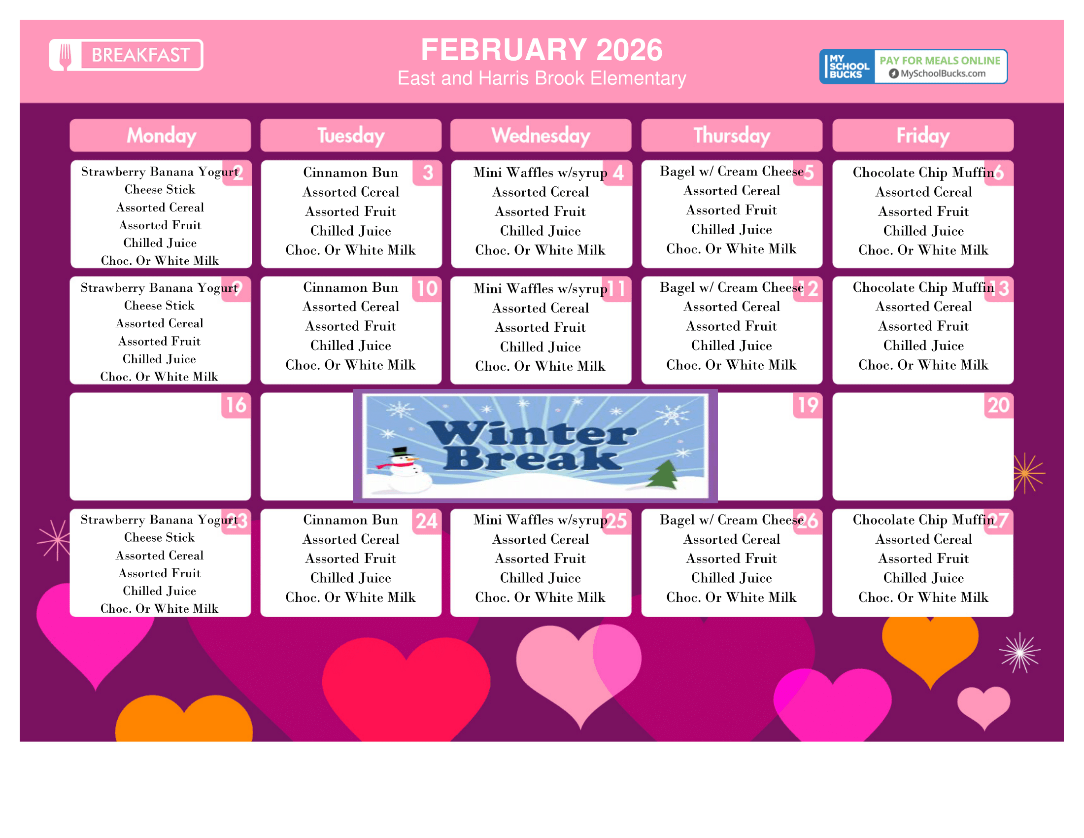 A February 2026 East St and Harris Brook Breakfast Menu