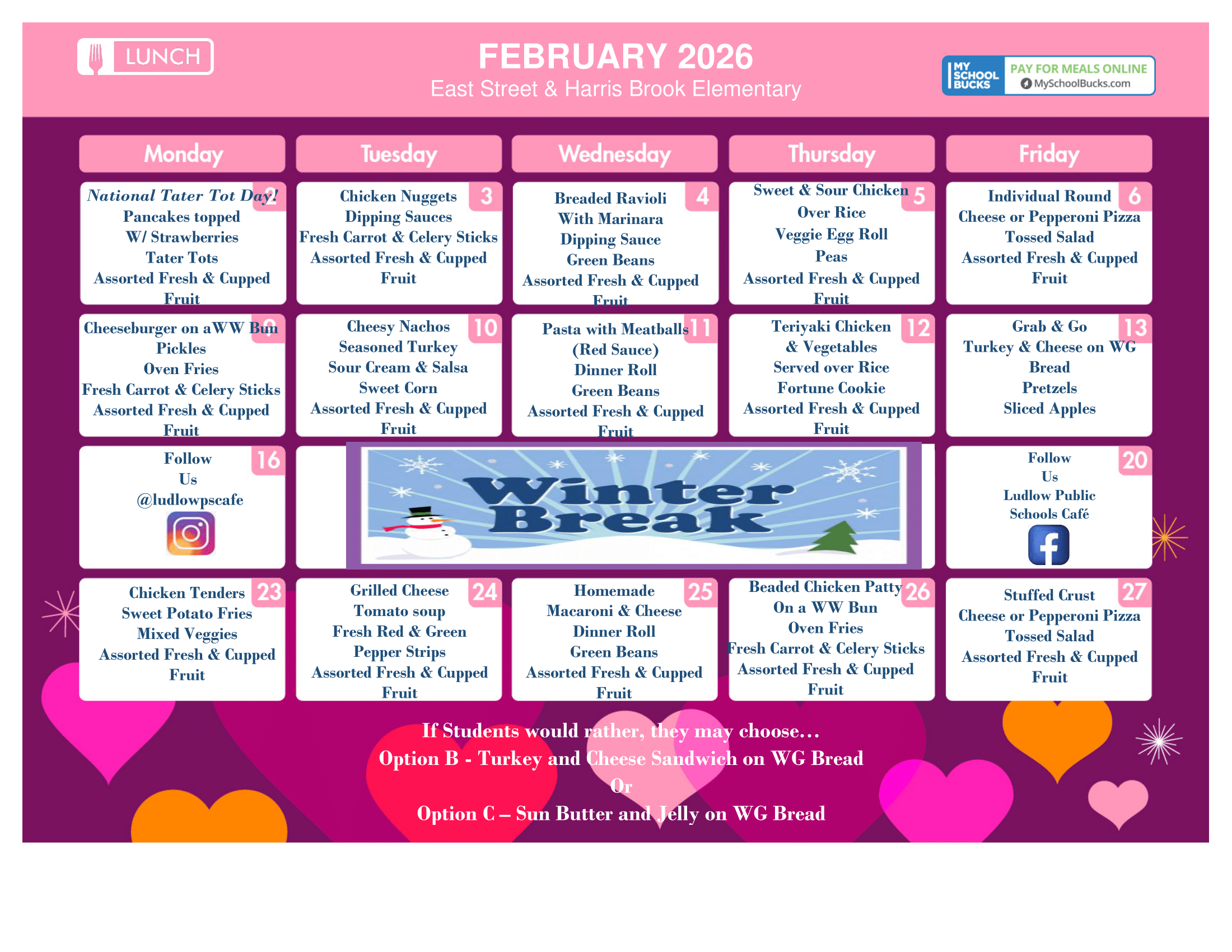 February 2026 East St and Harris Brook Lunch Menu