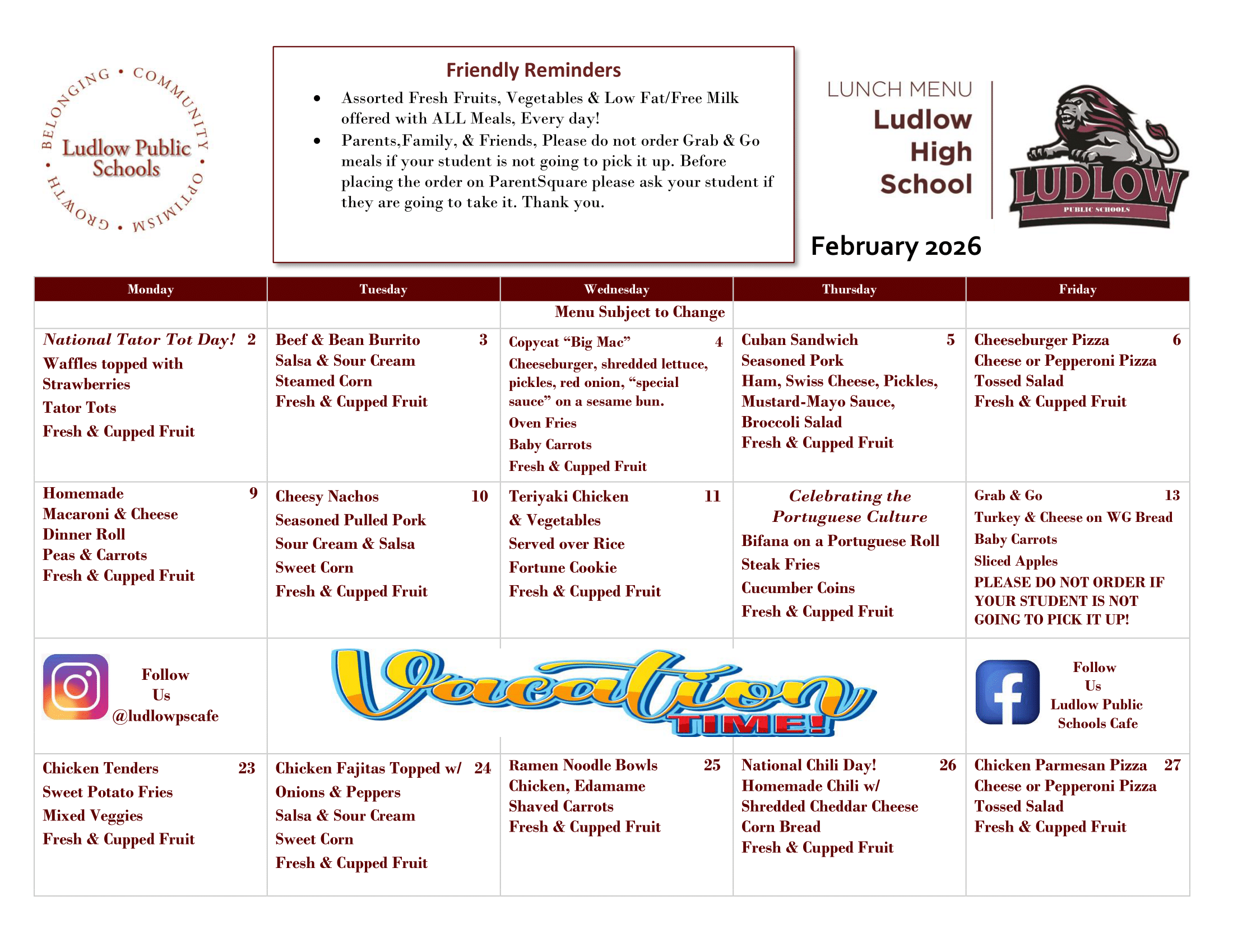 Ludlow High School February Lunch Menu