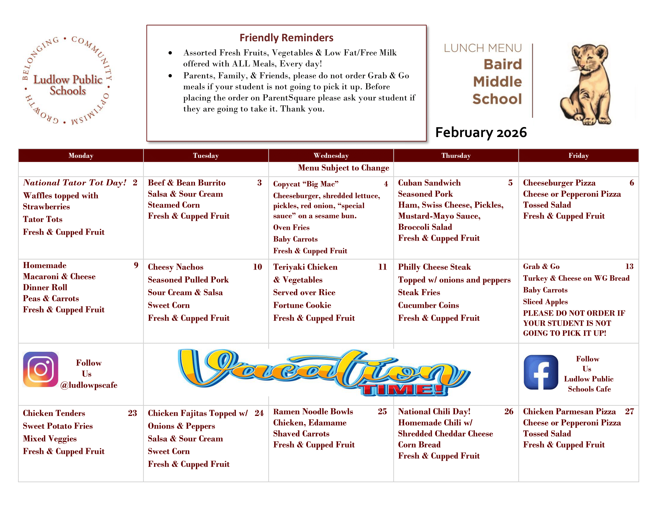 February 2026 Middle School Lunch Menus.