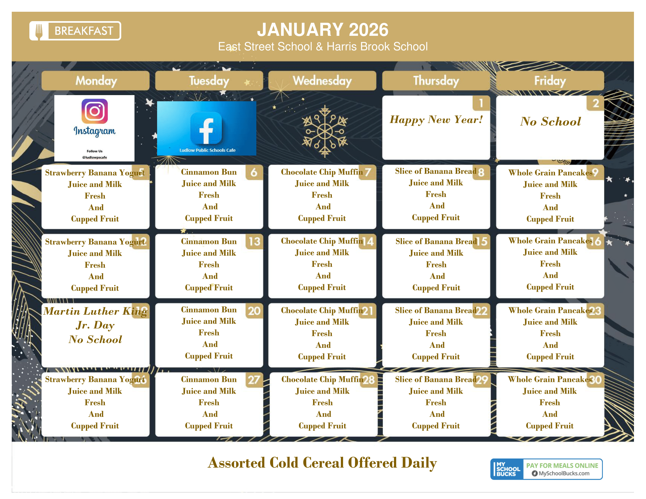 A calendar for January 2026 East St Breakfast Menu