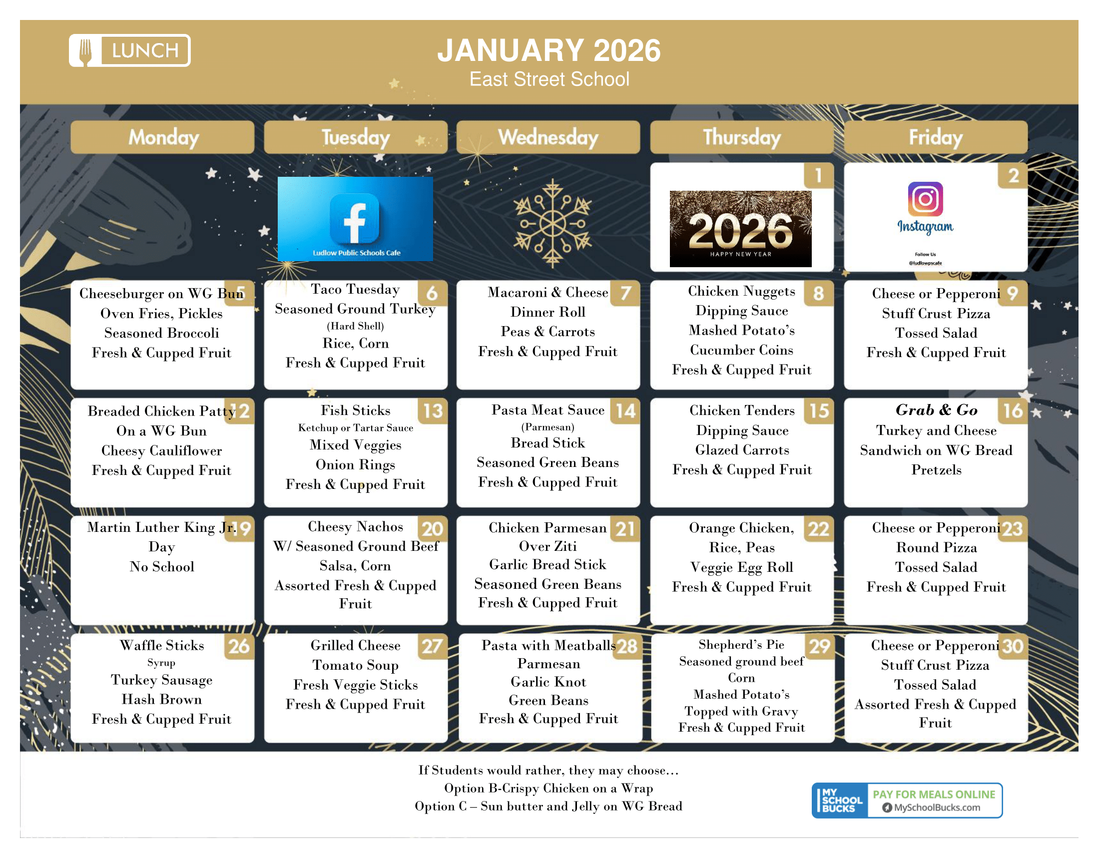 A January 2026 EAST ST. LUNCH calendar