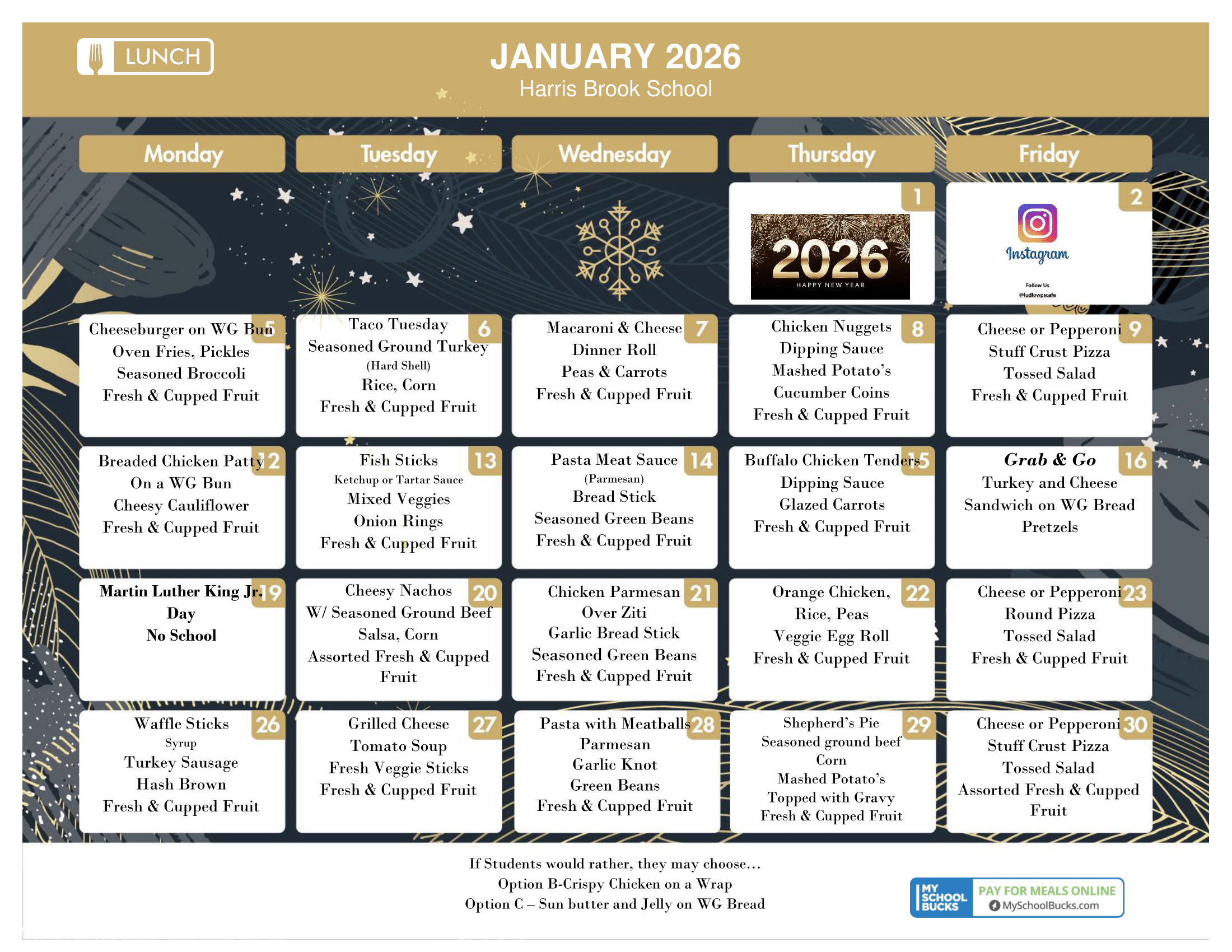 January 2026 Harris Brook SchooL Lunch Menu