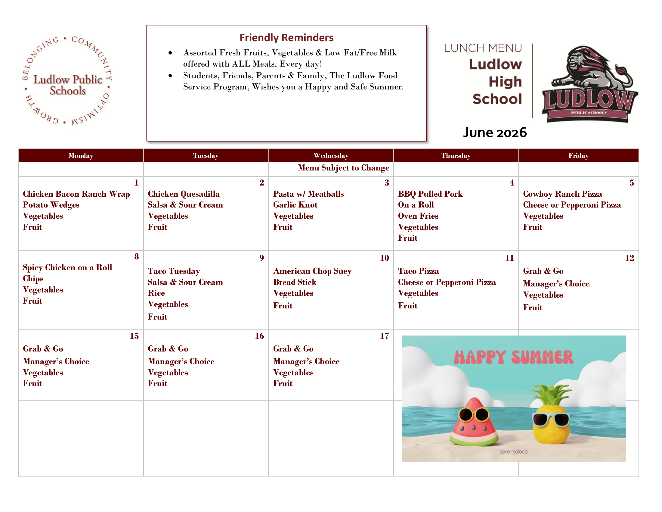 A JUNE 2026 LUNCH MENU