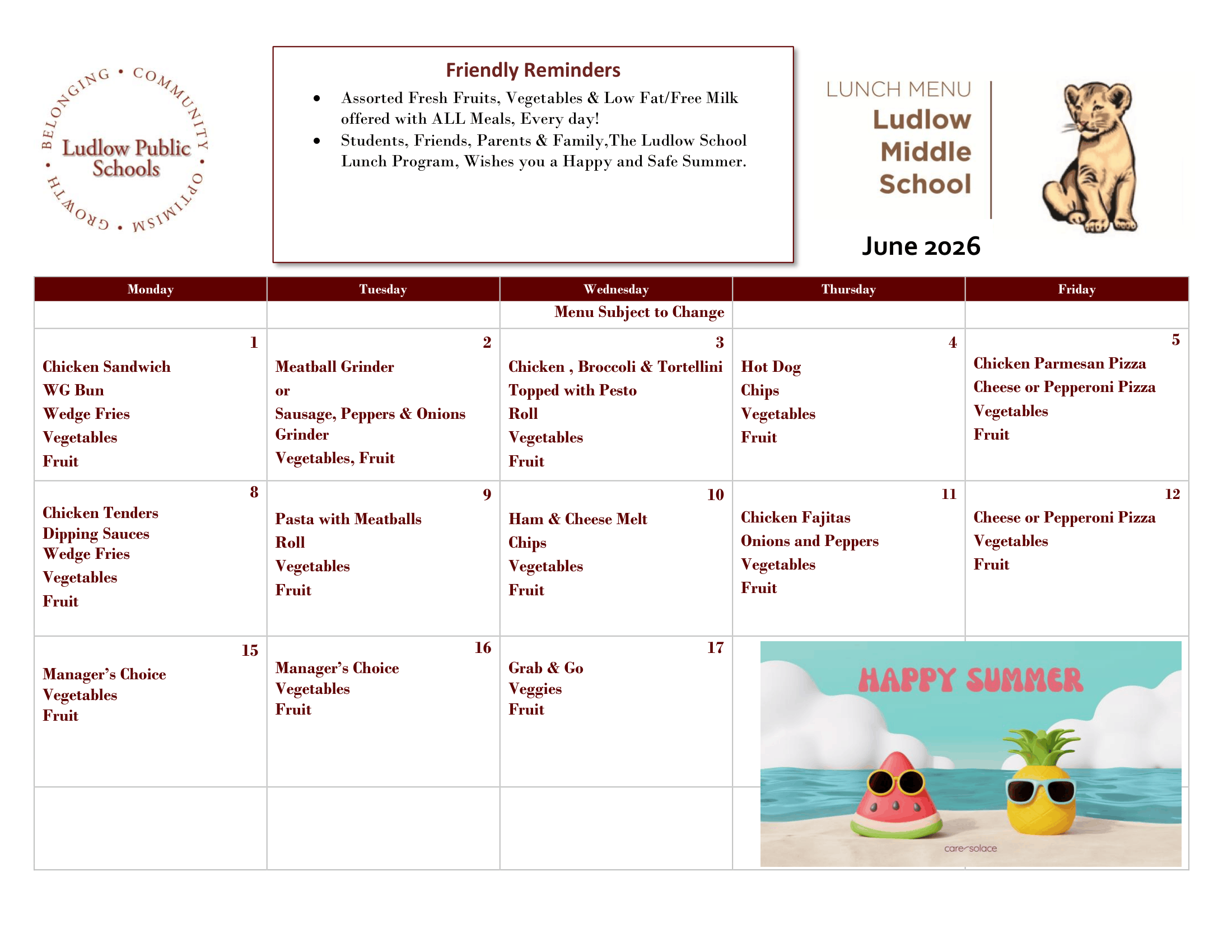 A JUNE 2026 LUNCH MENU