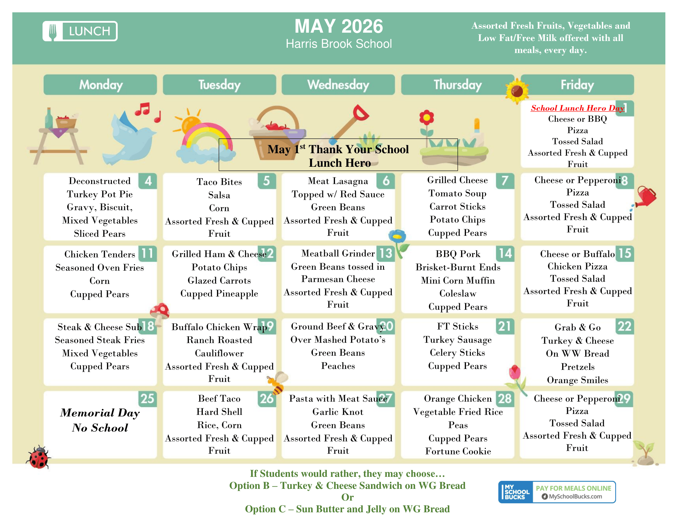 MAY 2026 HARRIS BROOK LUNCH MENU