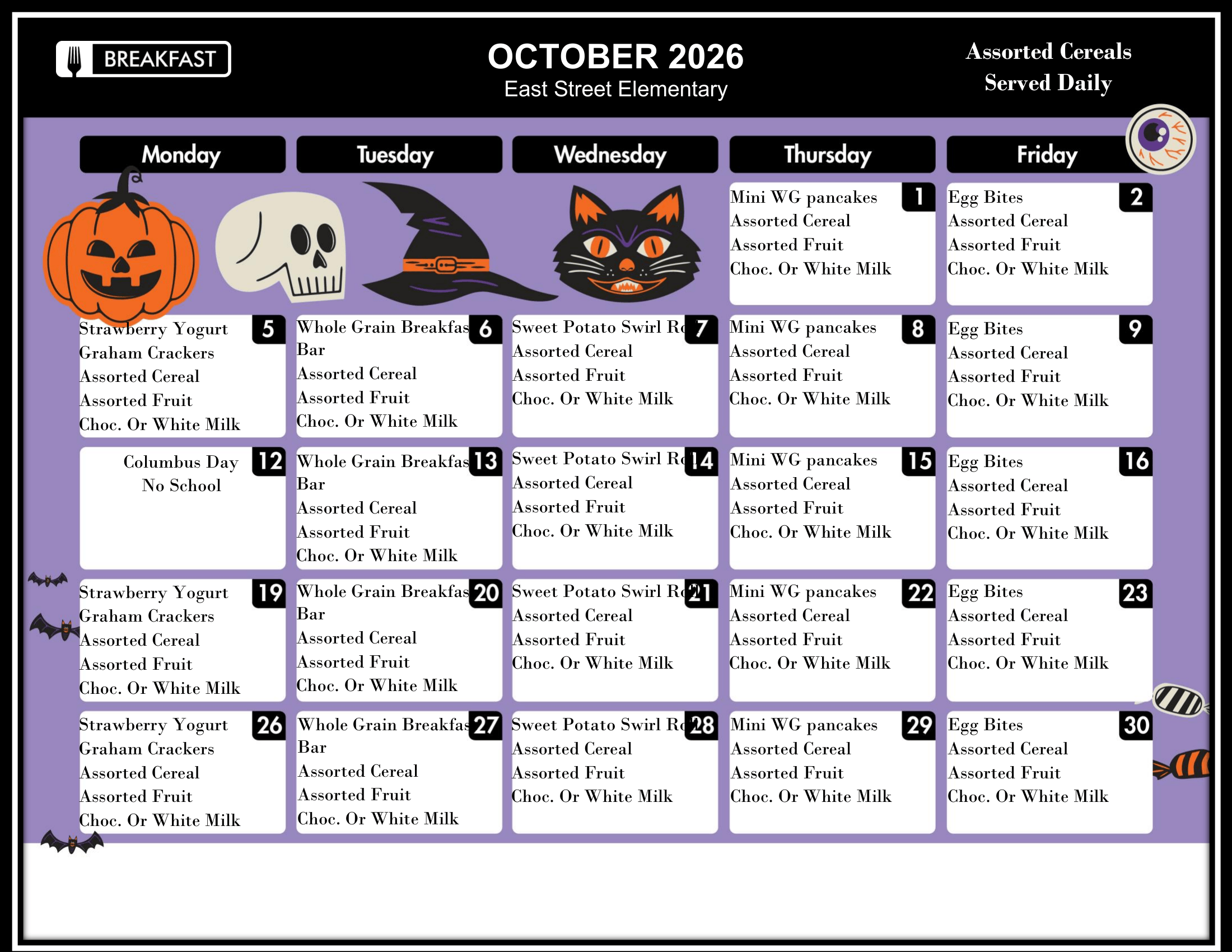 A school breakfast menu calendar for October 2026