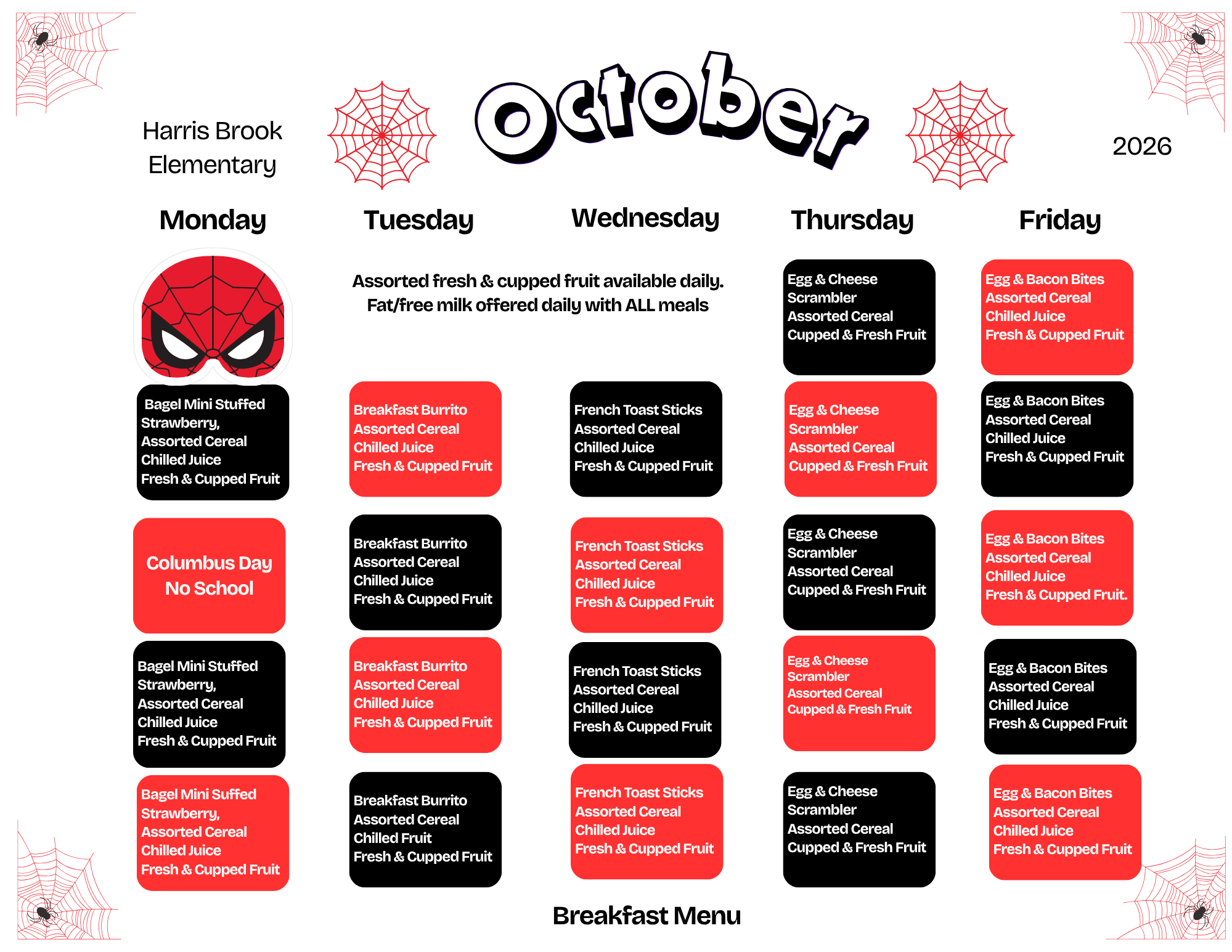 A 2026 October Breakfast school calendar