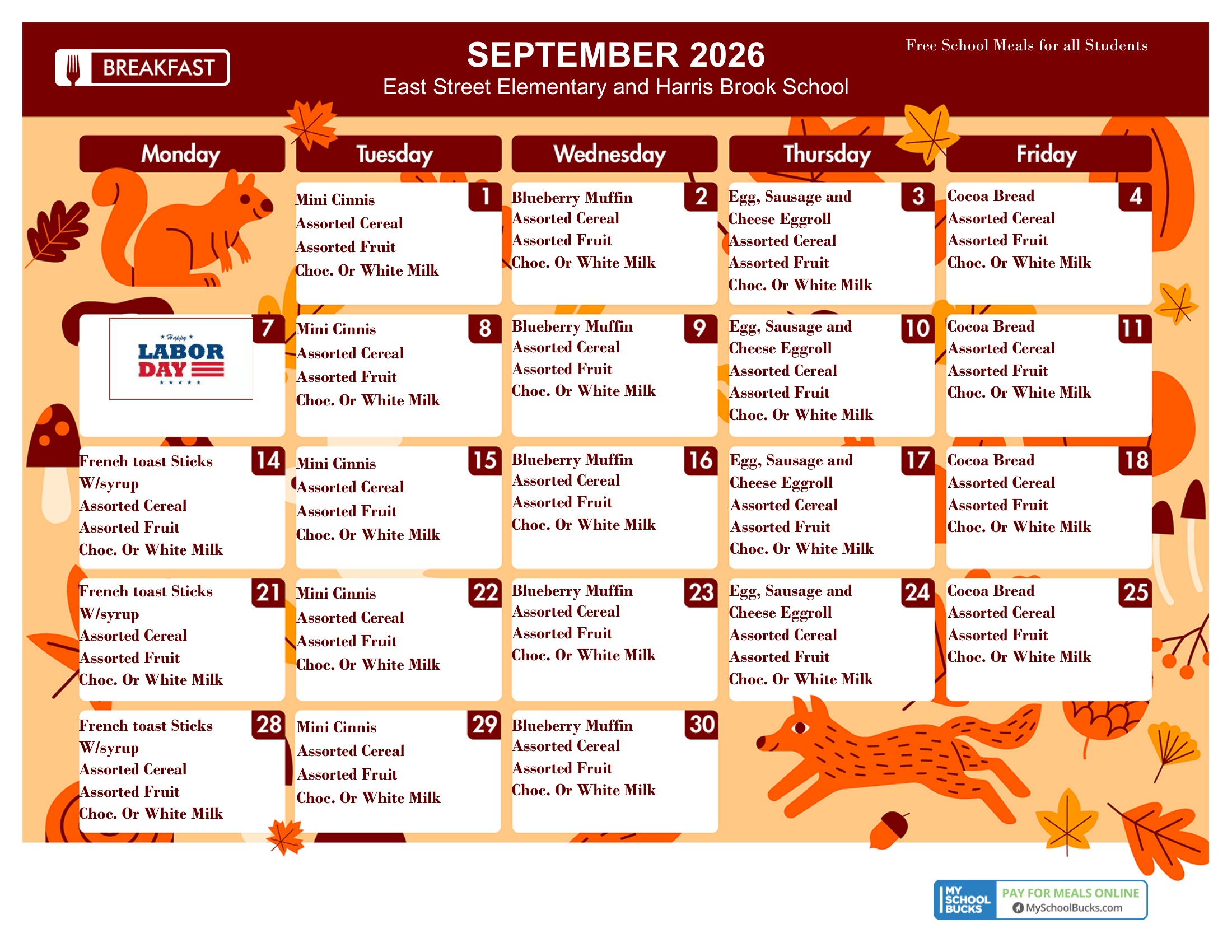 September 2026 breakfast calendar