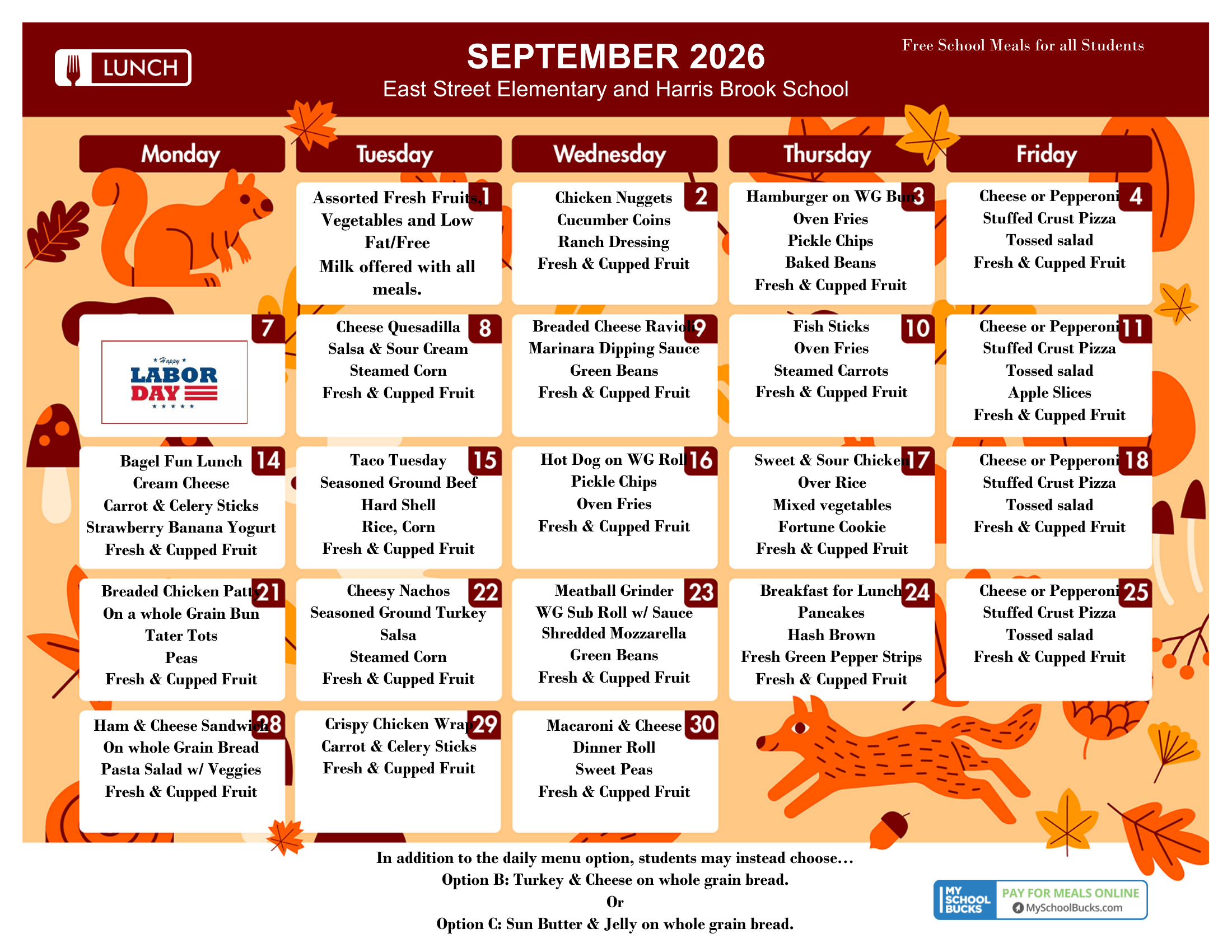 September 2026 lunch calendar