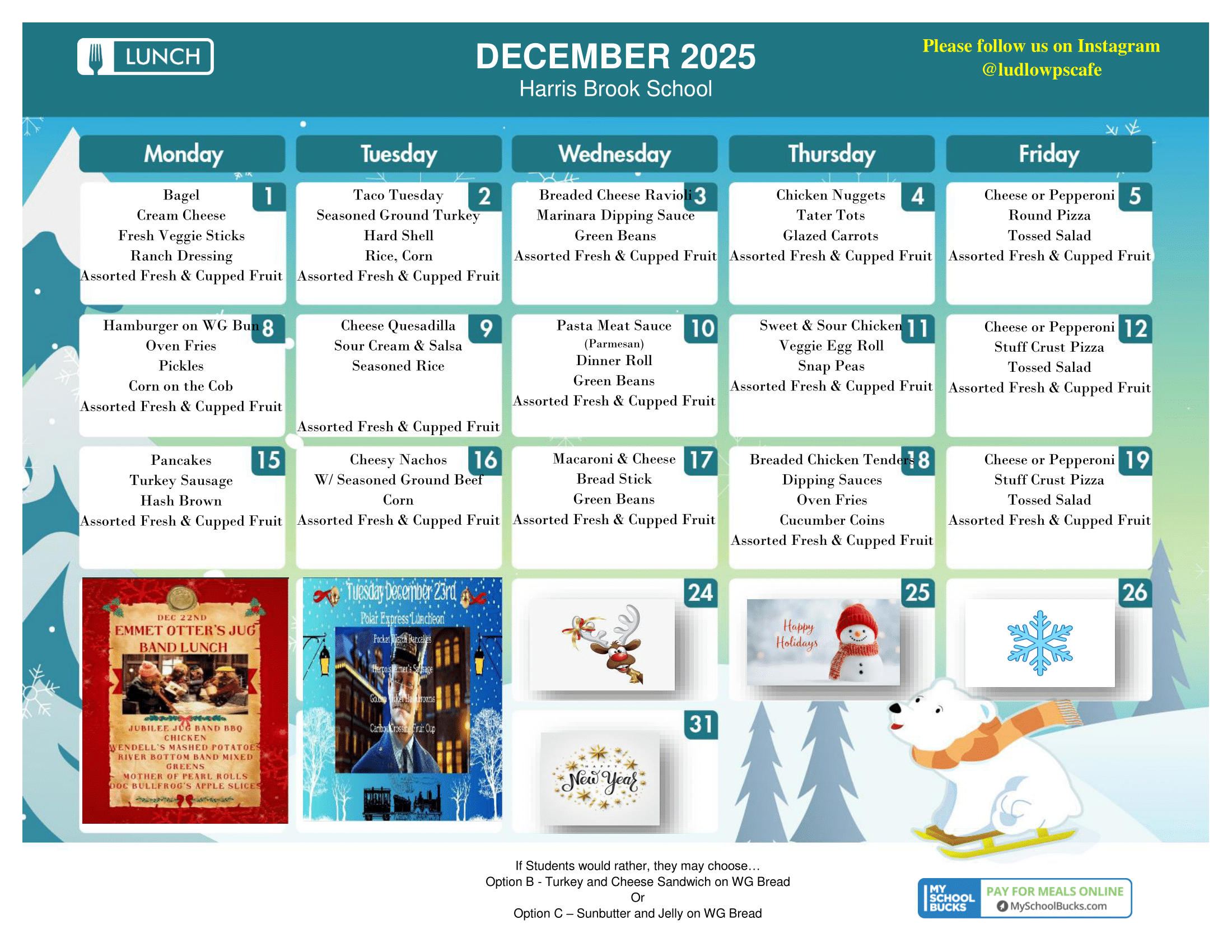 A December 2025 Harris Brook Special Holiday Lunch Menu
