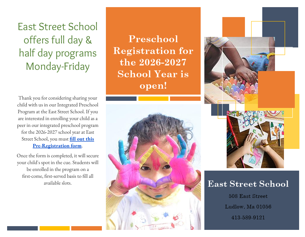 A colorful flyer announces preschool registration for East Street School.