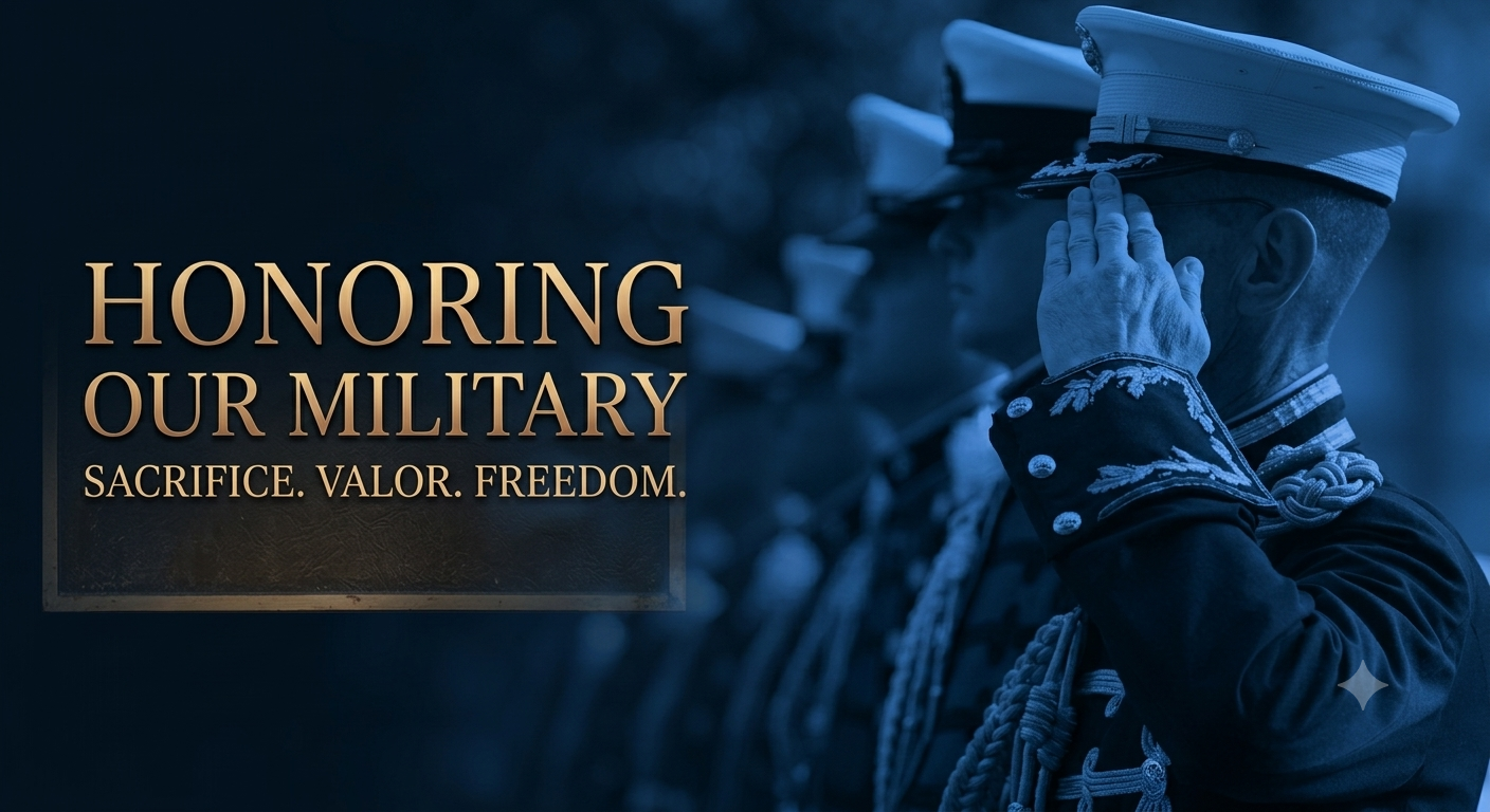 Military personnel in uniform salute, with text reading 'HONORING OUR MILITARY SACRIFICE. HONOR. FREEDOM.'
