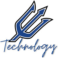 A blue and black trident logo with the word 'Technology' in cursive below.
