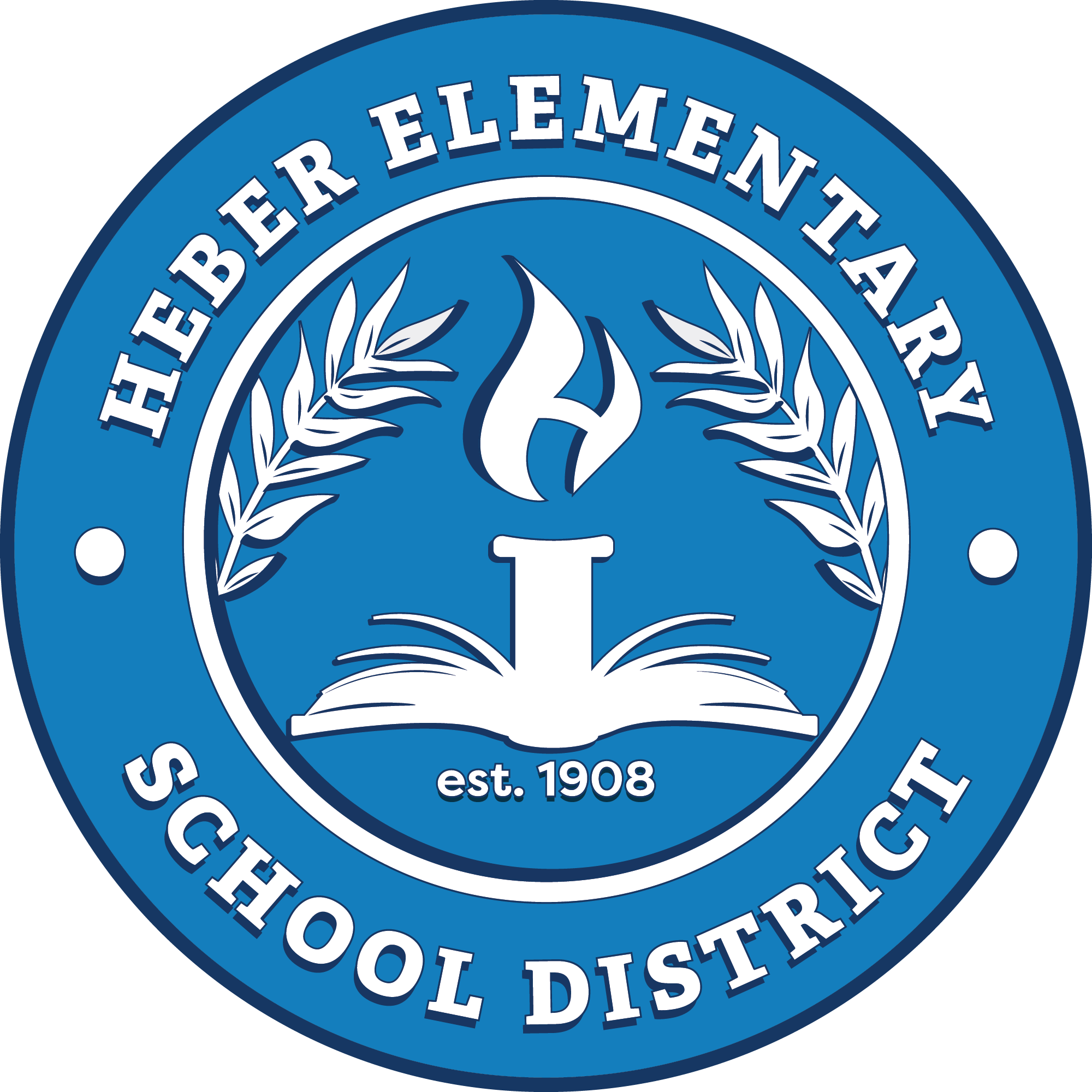 Logo for Heber Elementary School District, featuring an open book and a flame.