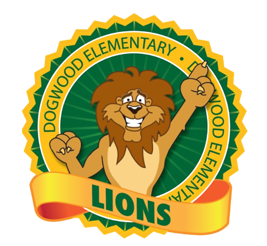 The Dogwood Elementary Lions mascot, a friendly cartoon lion, is featured in a circular logo.