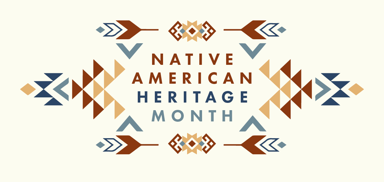 Geometric design in warm colors.  Text celebrating Native American Heritage Month.