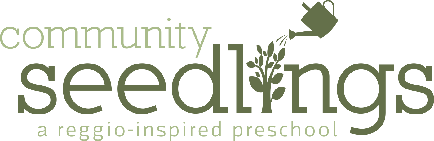 Logo for Community Seedlings, a Reggio-inspired preschool, with a watering can and plant graphic.