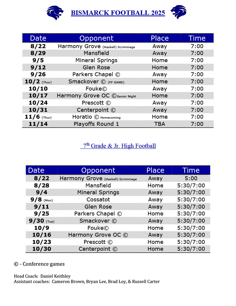 A schedule for Bismarck Football 2025, listing dates, opponents, locations, and times.