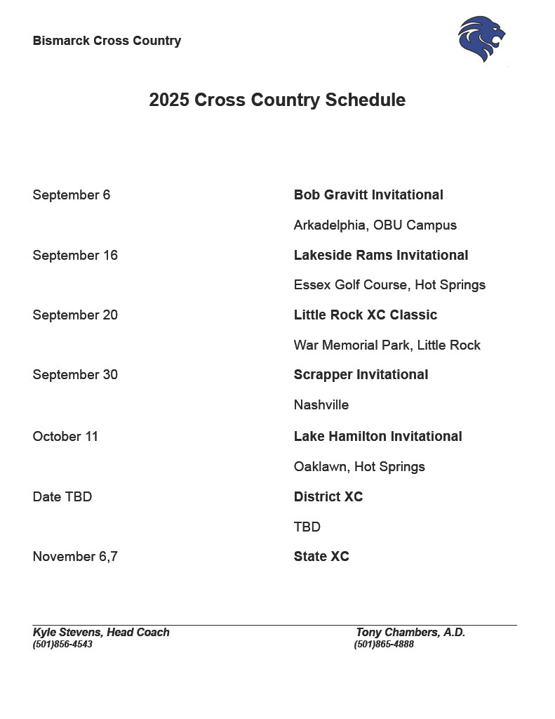 A schedule for the 2025 Bismarck Cross Country season is displayed.