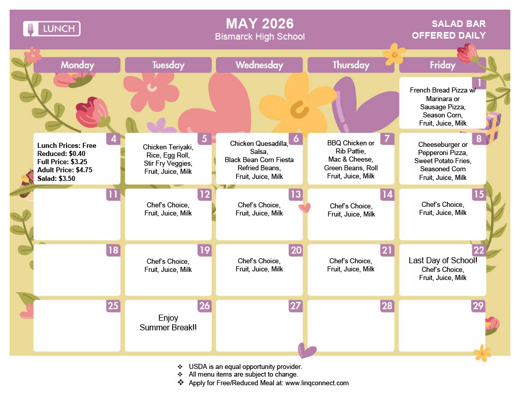 MAY LUNCH MENU