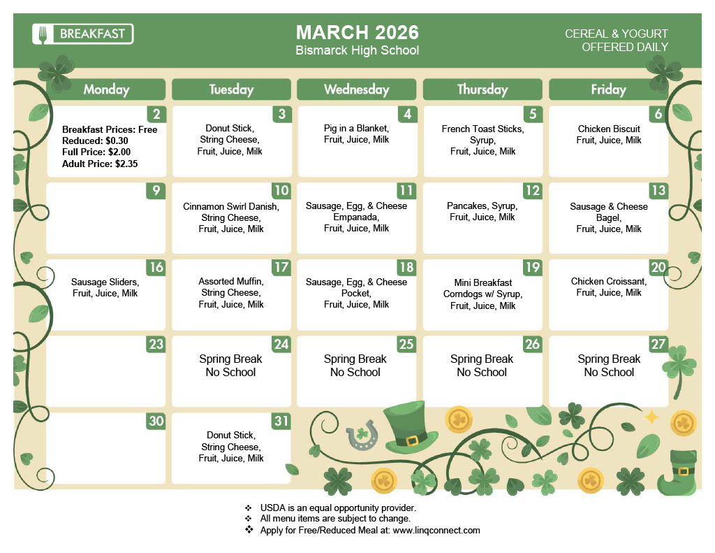 A green and white calendar for March 2018, with daily entries.
