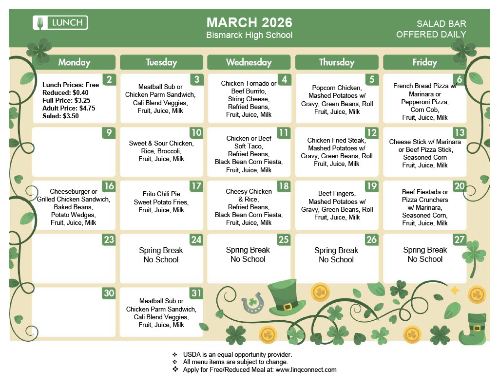 A green and white calendar for March 2018, with daily schedules.