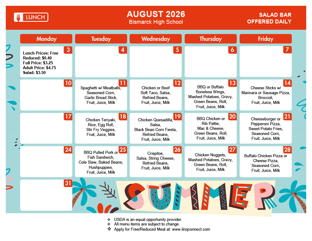 August 2026 BHS Lunch Menu
