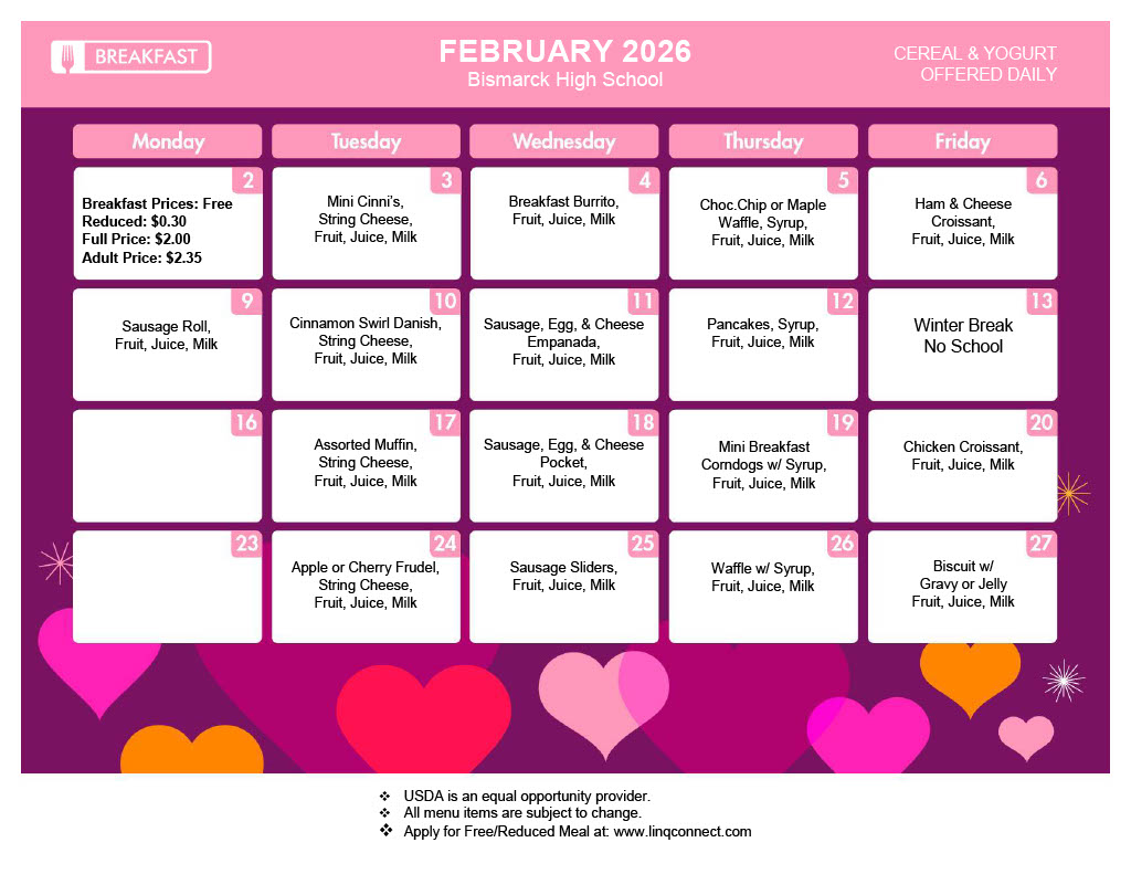A pink and purple February 2026 calendar with BHS Breakfast menu