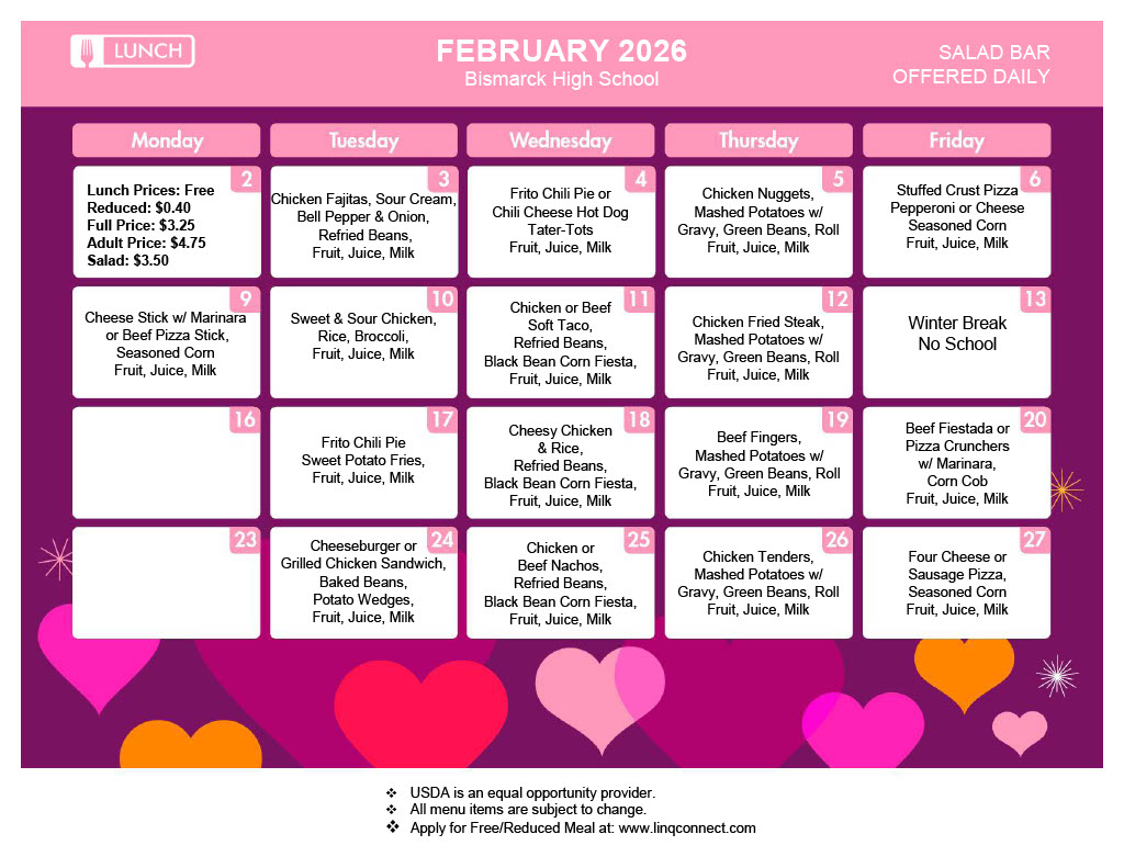 A pink and purple February 2026 calendar for BHS lunch menu.