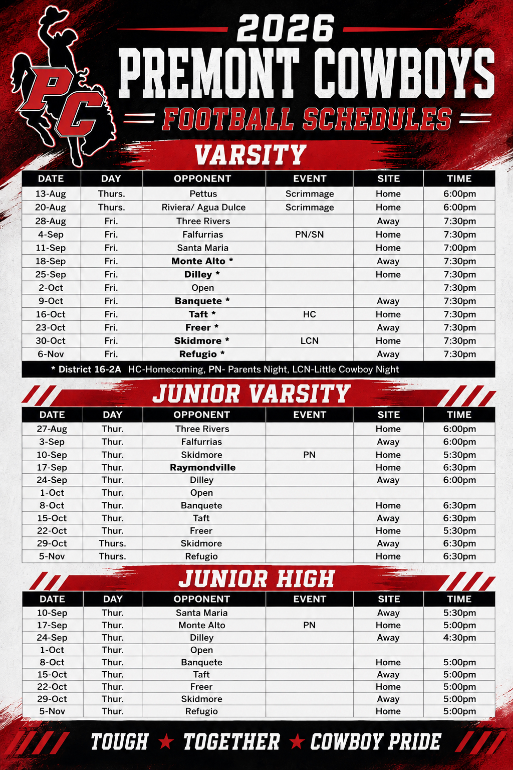 2026 Premont Cowboys Football Schedules for Varsity, Junior Varsity, and Junior High teams.