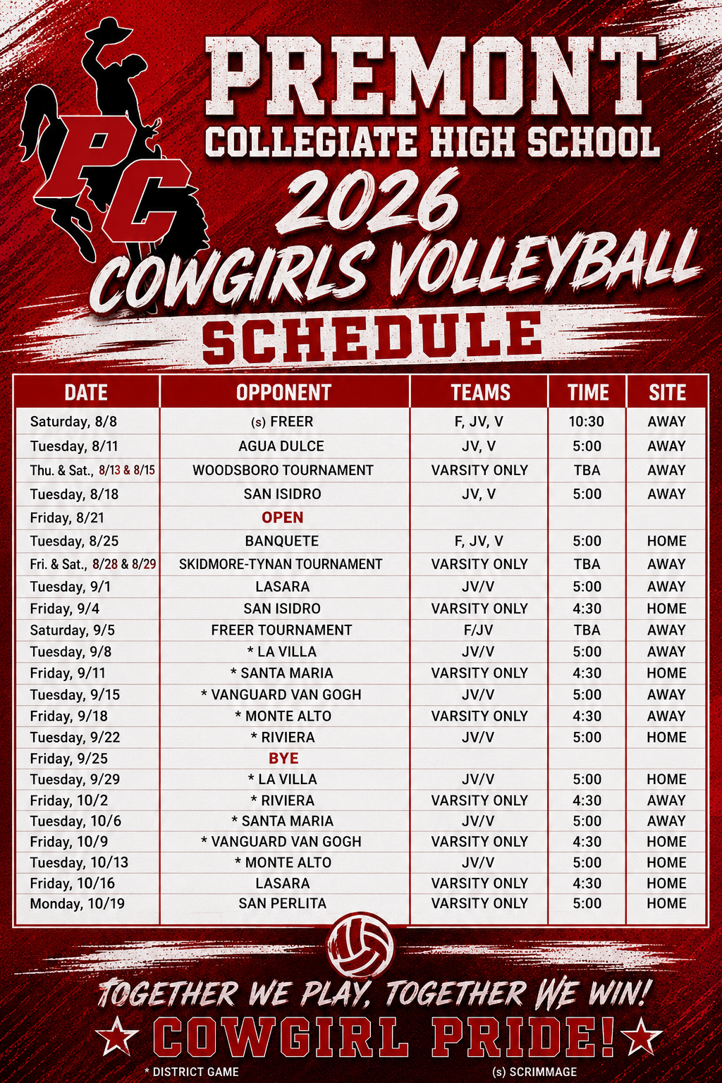 Premont Collegiate High School 2026 Cowgirls Volleyball Schedule poster.