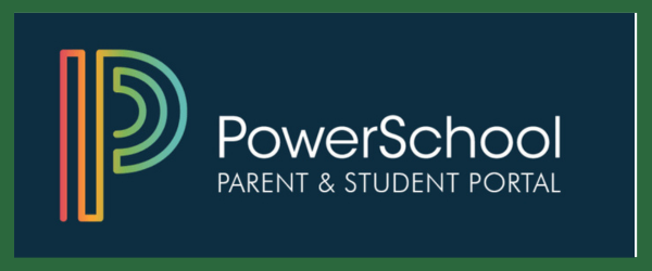 PowerSchool logo with a colorful 'P' and text on a dark blue background.