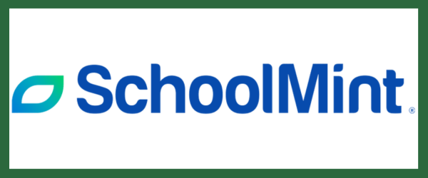 The SchoolMint logo features blue text and a green leaf design.