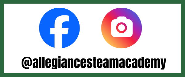 Social media icons for Facebook and Instagram, with the handle @allegiancesteamacademy.