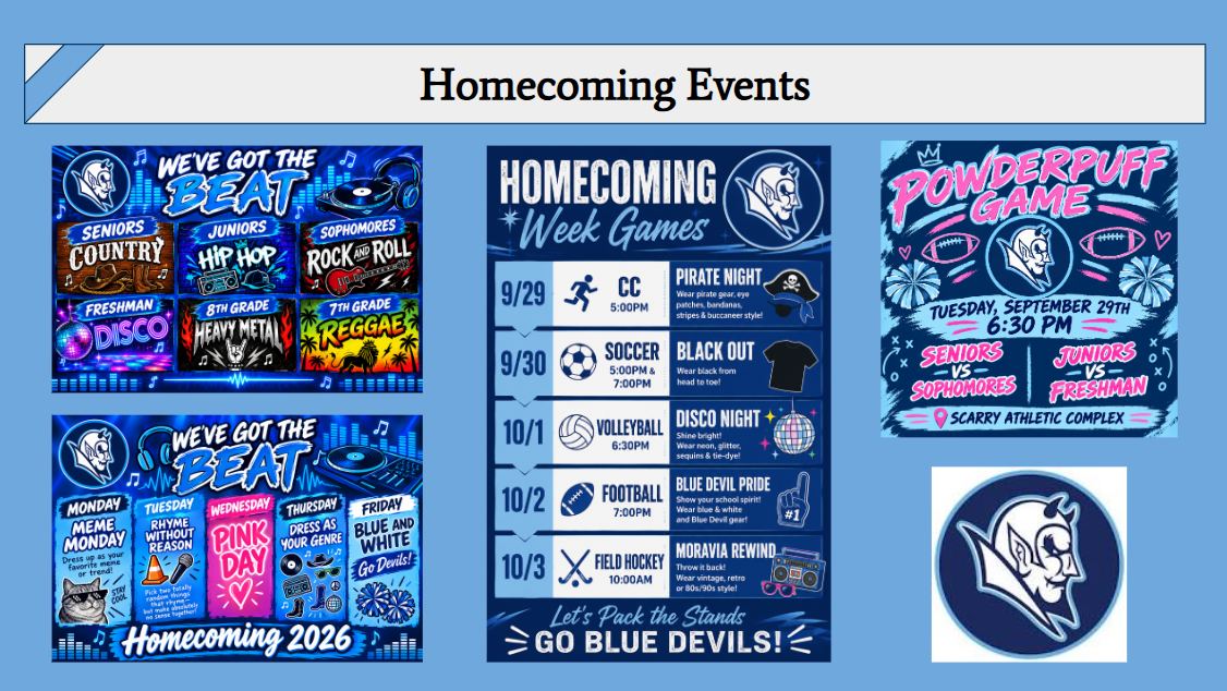 A digital collage displaying various Homecoming Events posters with blue and white themes, including a week of games schedule.