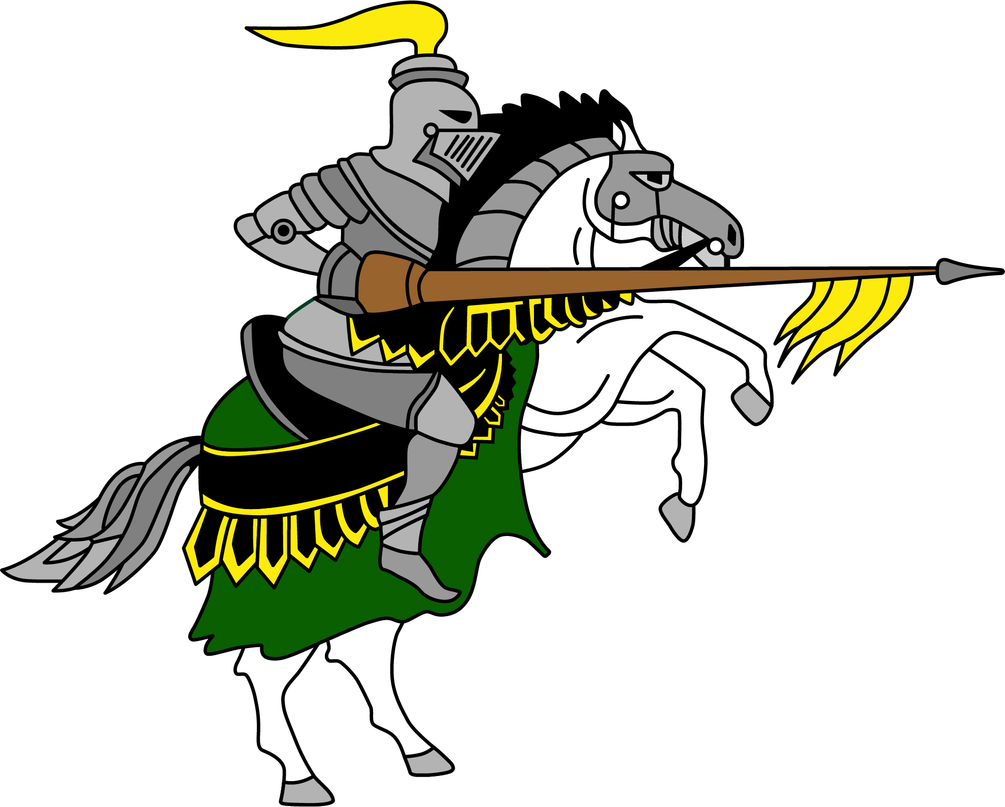 A knight in armor rides a white horse, holding a lance.