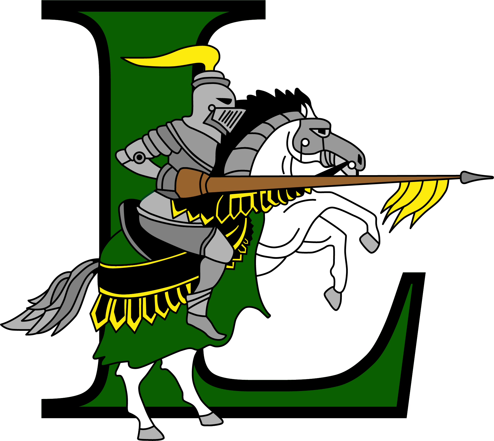 A knight in armor rides a white horse, holding a lance, with a large green letter 'L' behind them.