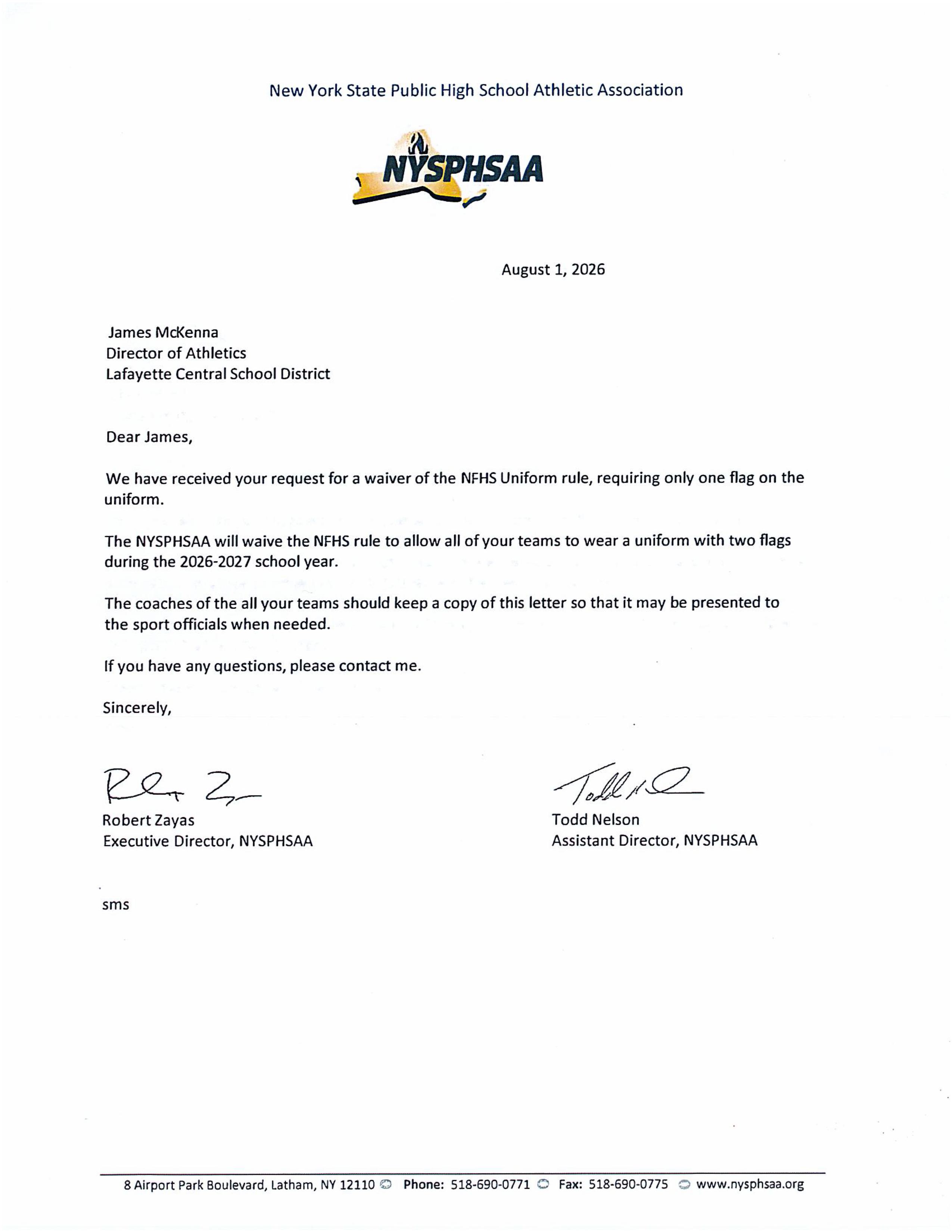 A letter from NYSPHSAA dated August 5, 2020, with official letterhead and signatures.
