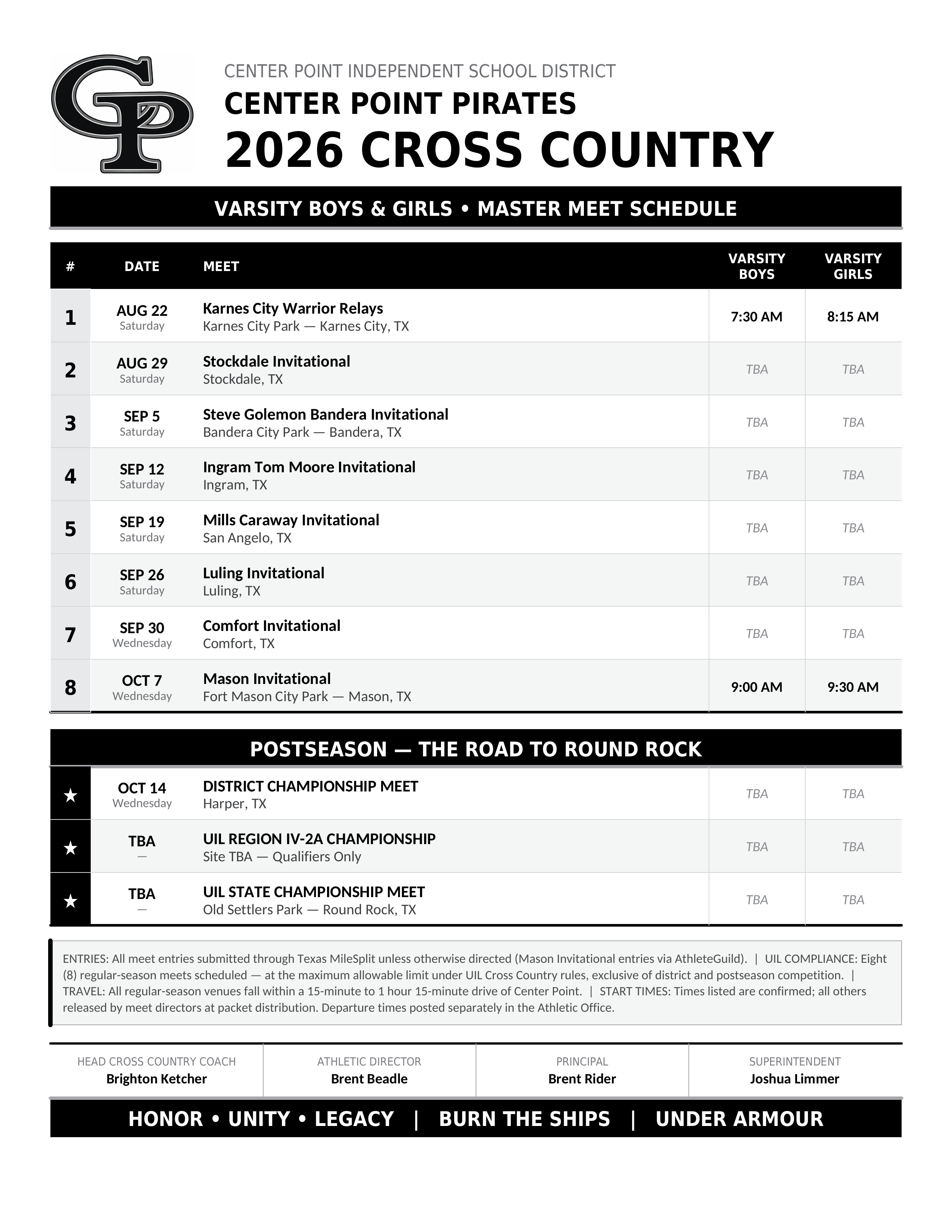 Center Point Pirates 2026 Cross Country Qualify Boys & Girls - Boys Varsity Schedule.